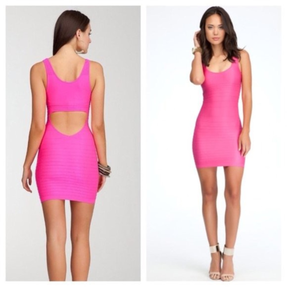Bebe hot neon pink back cutout Shine dress